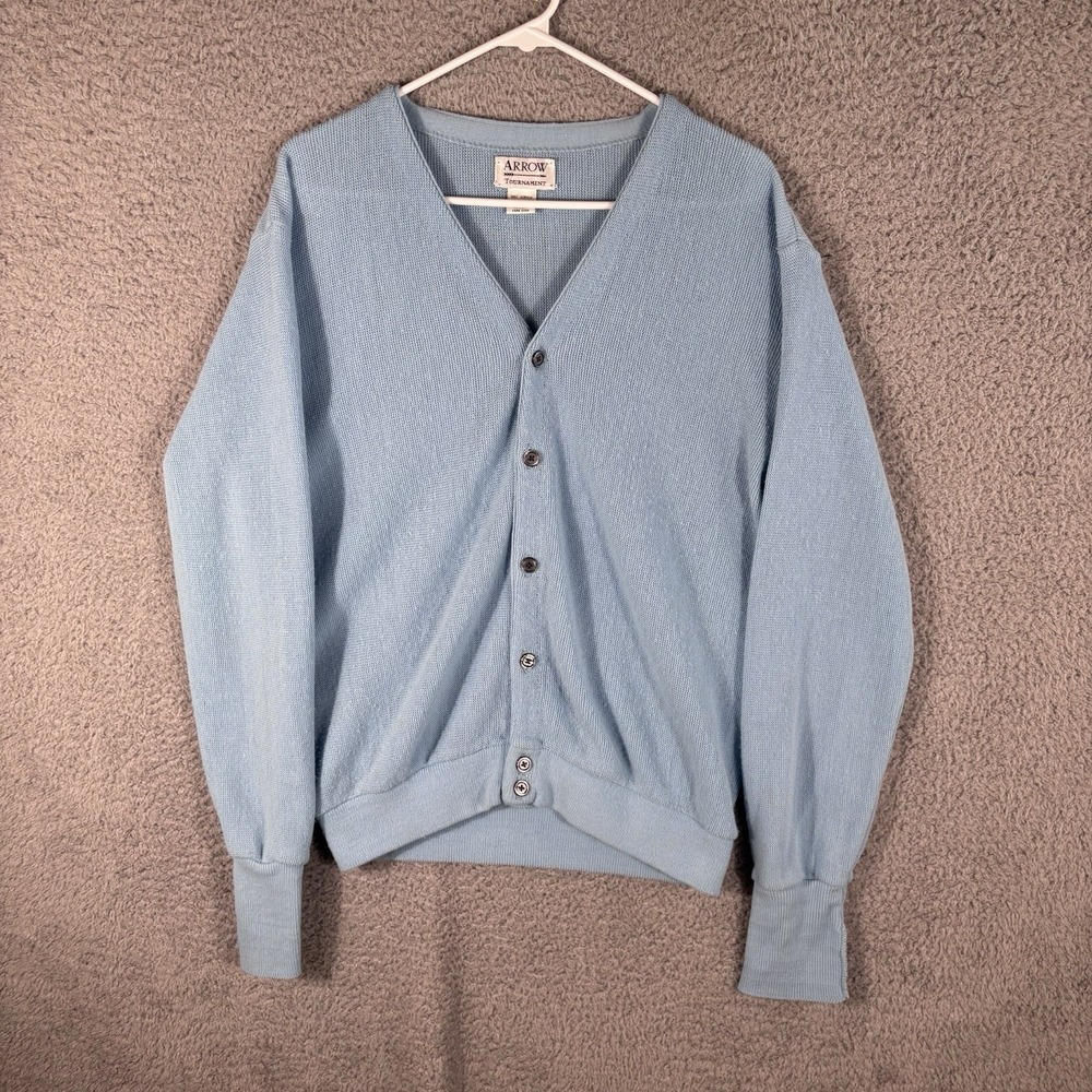 Vintage Arrow Tournament Cardigan Sweater Mens M Dusty Blue Acrylic Grandpa 80s